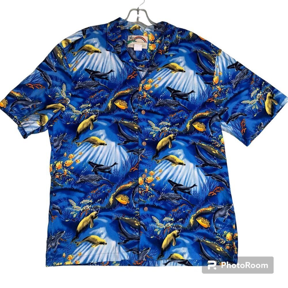 Vintage Paradise Found Hawaiian Shirt Button Down Fish Printed Cotton Large